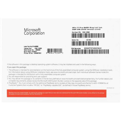 ПО Microsoft Windows 11 Pro 64-bit English Intl 1pk DSP OEI DVD (FQC-10528)