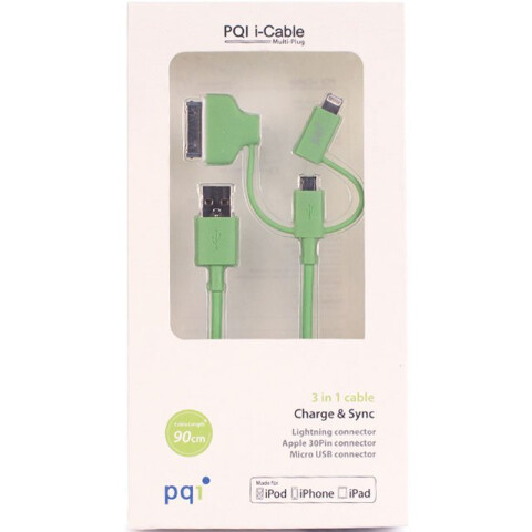 Кабель USB - microUSB/Lightning/30-pin, 0.9м, PQI PQI-iCABLE-MULTIPLUG-GN