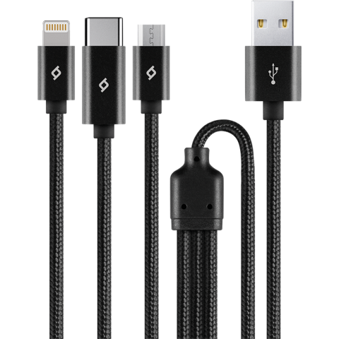 Кабель USB - microUSB/USB Type-C/Lightning, 1м, ttec 2DK39 Black