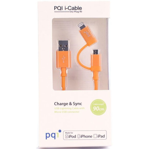 Кабель USB - microUSB/Lightning, 0.9м, PQI PQI-iCABLE-DuPlug90-OR