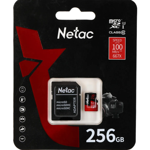 Карта памяти 256Gb MicroSD Netac P500 Extreme Pro + SD адаптер (NT02P500PRO-256G-R)