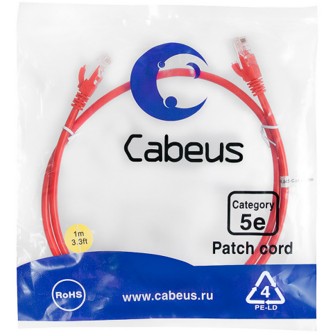 Патч-корд Cabeus PC-UTP-RJ45-Cat.5e-1m-RD, 1м