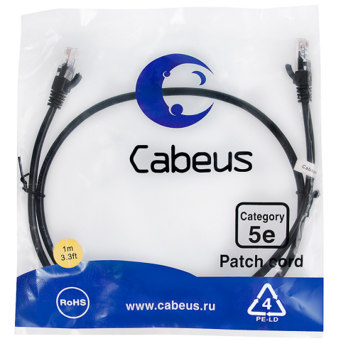 Патч-корд Cabeus PC-UTP-RJ45-Cat.5e-1m-BK-LSZH, 1м