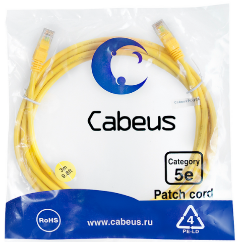 Патч-корд Cabeus PC-UTP-RJ45-Cat.5e-3m-YL-LSZH, 3м