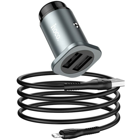 Автомобильное зарядное устройство HOCO NZ4 Wise Grey + Lightning Cable_0
