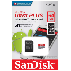 Карта памяти 64Gb MicroSD SanDisk Ultra Plus + SD адаптер (SDSQUB3-064G-GN6MA)