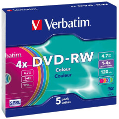 Диск DVD-RW Verbatim 4.7Gb 4x Slim Color (5шт) (43563)