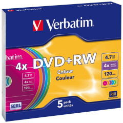Диск DVD+RW Verbatim 4.7Gb 4x Slim Case Color (5шт) (43297)