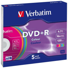 Диск DVD+R Verbatim 4.7Gb 16x Color Slim (5шт) (43556)