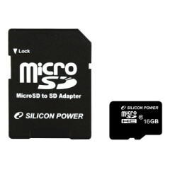 Карта памяти 16Gb MicroSD Silicon Power + SD адаптер (SP016GBSTH010V10-SP)