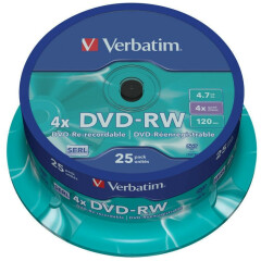 Диск DVD-RW Verbatim 4.7Gb 4x Cake Box (25шт) (43639)