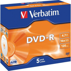 Диск DVD-R Verbatim 4.7Gb 16x Jewel Case (5шт) (43519)