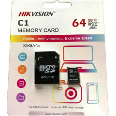 Карта памяти 64Gb MicroSD Hikvision C1 + SD адаптер (HS-TF-C1/64G)