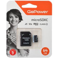 Карта памяти 64Gb MicroSD GoPower + SD адаптер (00-00025676)