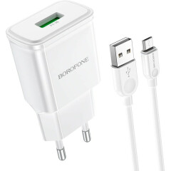 Сетевое зарядное устройство Borofone BA59A Heavenly White + microUSB Cable