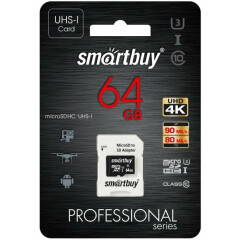 Карта памяти 64Gb MicroSD SmartBuy Professional + SD адаптер (SB64GBSDCL10U3-01)
