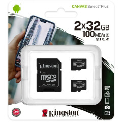 Карта памяти 32Gb MicroSD Kingston Canvas Select Plus + SD адаптер (SDCS2/32GB-2P1A)