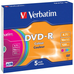 Диск DVD-R Verbatim 4.7Gb 16x Slim Color (5шт) (43557)