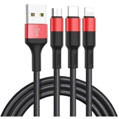 Кабель USB - microUSB/USB Type-C/Lightning, 1м, HOCO X26 Black/Red (HC-80282)